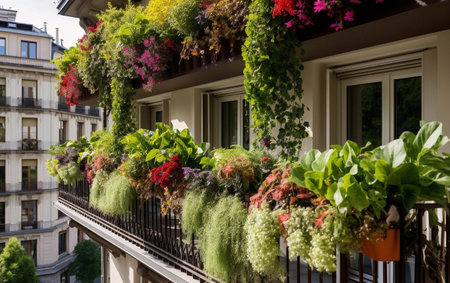 Flowers on the balconies of a houseの素材