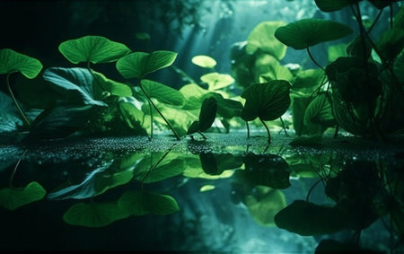 Water droplets on green leaves in dark water. Abstract nature background.の素材