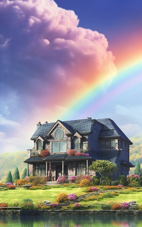3d illustration of beautiful house in the garden with colorful rainbow.の素材