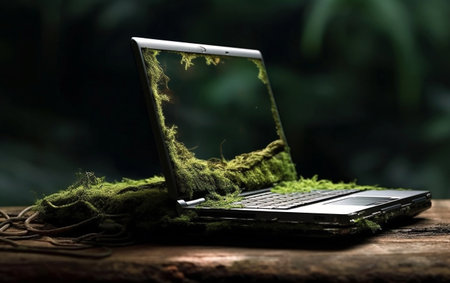 Laptop with green moss in the forestの素材