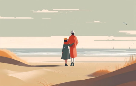 Couple walking on the beach. Illustration in retro style.の素材