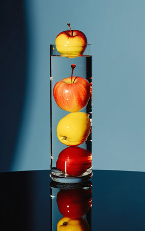 Red and yellow apples in a glass on a blue background with reflectionの素材