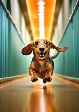 Dachshund dog jumping in a corridor of an office buildingの素材