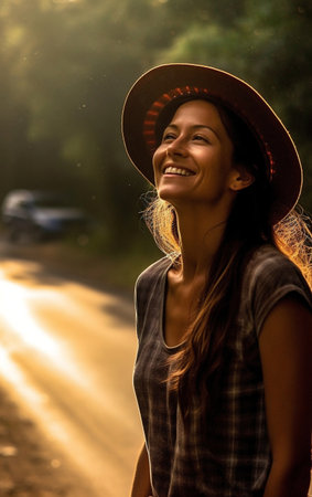 Portrait of a beautiful young woman in a cowboy hat smiling.の素材
