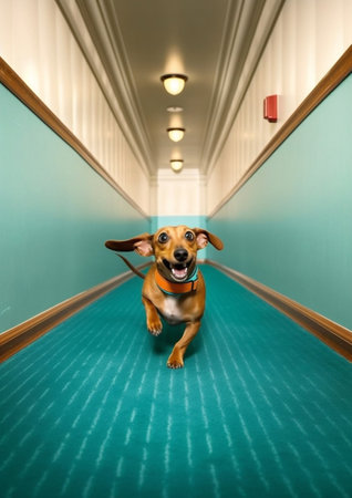Dachshund dog in the corridor of a hotel with green wallsの素材