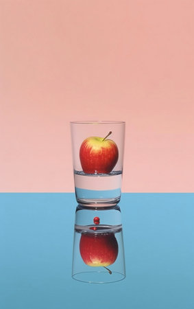 Red apple in a glass of water on a blue and pink backgroundの素材