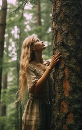 Young beautiful woman with long blond hair posing in the pine forest.の素材