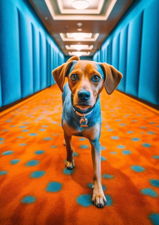Portrait of a cute purebred doberman dog in a blue corridor.の素材