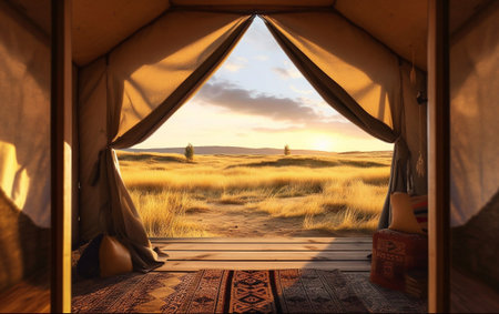 Wooden tent in the desert at sunset.の素材