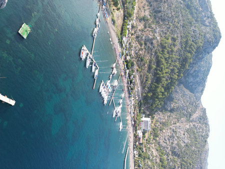 Aerial view of the sea and boats on the coast of Zakynthos island, Greeceの写真素材