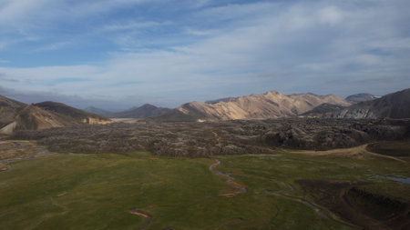 Panoramic view of the valley and mountains with a blue skyの写真素材