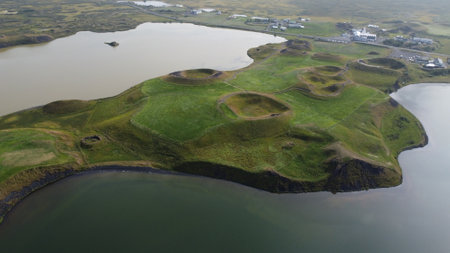 Aerial view of Skogafoss, a small island in the Faroe Islands.の写真素材