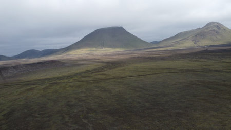 Icelandic landscape with mountains and clouds. Aerial drone view.の写真素材
