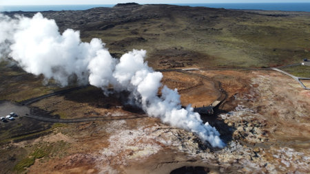 Aerial view of volcanic landscape in Iceland, Europe. Volcanic eruption.の写真素材