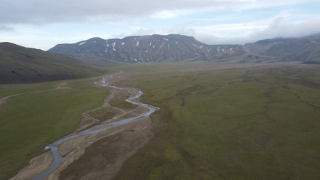 Aerial view of a small river in the Mongolian steppeの写真素材