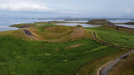 Aerial view of the island of Myvatn, Icelandの写真素材
