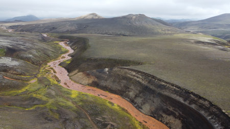 Aerial view of volcanic landscape in Landmannalaugar, Icelandの写真素材
