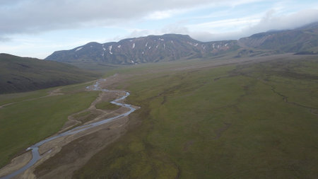 Aerial view of a small river in the grasslands of Mongoliaの写真素材