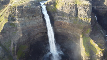 Aerial view of the Skogafoss waterfall in Iceland.の写真素材