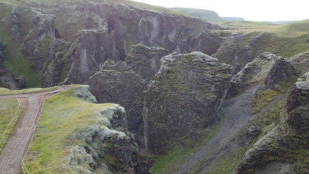 Aerial panoramic view of Fjadrargljufur canyon, Icelandの写真素材
