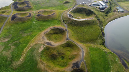 Aerial view of a golf course in Iceland. Top view.の写真素材