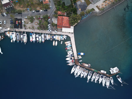 Aerial view of a yacht marina with yachts and boatsの写真素材