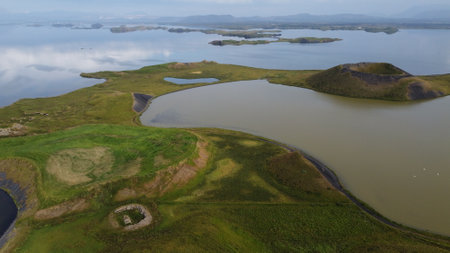 Aerial view of the island of Myvatn, Icelandの写真素材