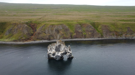 Aerial view of Reynisfjara cliffs near Vik, Icelandの写真素材