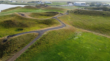 Aerial view of a road through the dunes in Ireland.の写真素材
