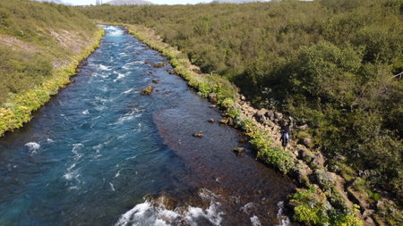 Aerial view of the river flowing through the forest. Aerial view of a river in the forest.の写真素材