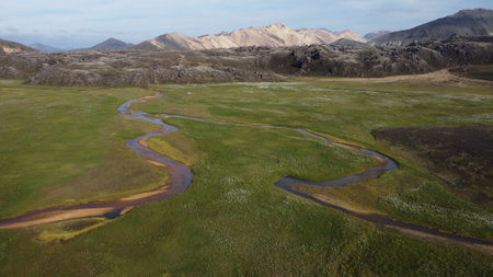 Aerial view of a meandering river in Landmannalaugar, Icelandの写真素材