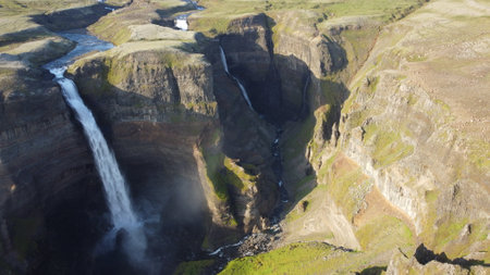 Aerial view of Seljalandsfoss waterfall, Icelandの写真素材