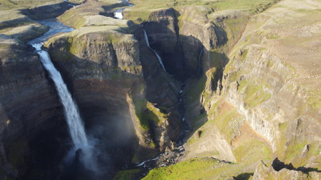 Aerial view of Kirkjufellsfoss waterfall in Icelandの写真素材