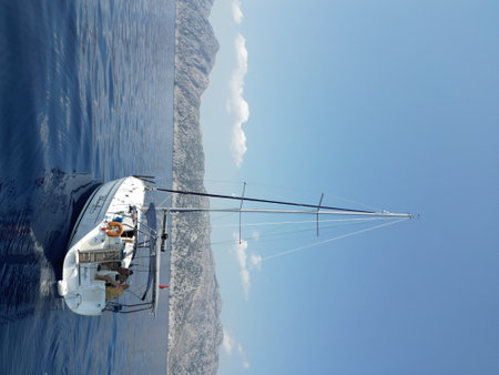 Sailing yacht in the sea on a background of the blue skyの写真素材