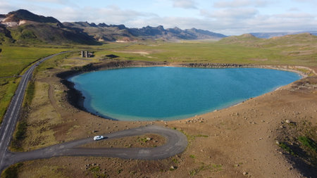 Aerial view of turquoise lake in Reykjanes peninsula, Icelandの写真素材