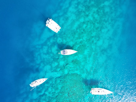 Aerial view of boats in turquoise water. Top view.の写真素材