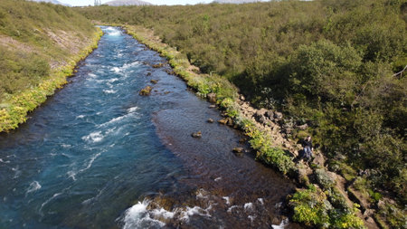 Aerial view of a beautiful river flowing through the forest in springの写真素材