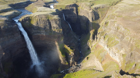 Aerial view of Seljalandsfoss waterfall, Icelandの写真素材