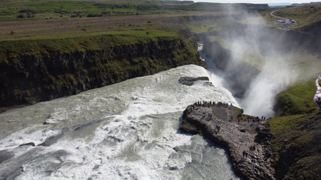 Gullfoss waterfall in Iceland, Europe. Aerial view.の写真素材