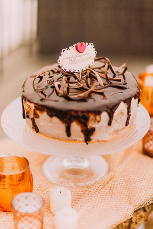 Temting chocolate wedding cake close up.の写真素材