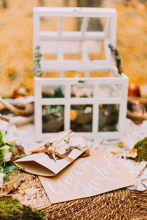 Wedding postcard invitation on the table decorated with wedding stuff. Autumn woods on background.の写真素材