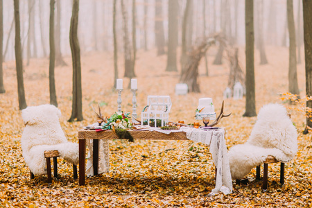 Dreamlike wedding table decorated in scandinavian style in the autumn forest.の写真素材