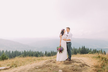 Handsome groom hugs bride on the mountain peak.の写真素材