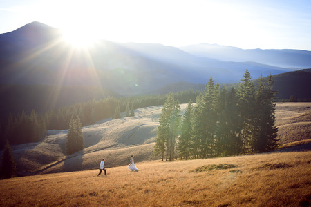 Beautiful wedding couple running and having fun on the field surrounded by mountains.の写真素材