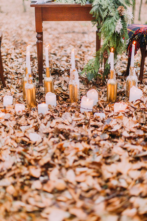 Vintage table with cake and candles in the autumn forest.の写真素材