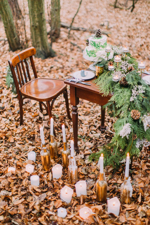 Vintage table with cake and candles in the autumn forest.の写真素材