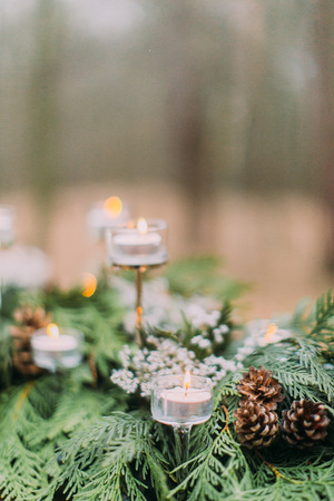 Lovely candles and spruce branches on the table in autumn forest.の写真素材