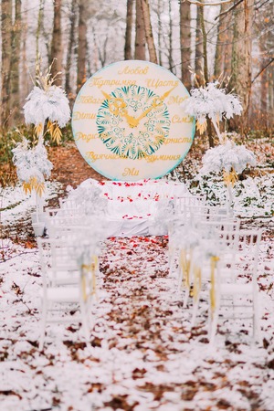 Interesting wedding decorations in the autumn forest.の写真素材