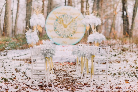 Interesting wedding decorations in the autumn forest.の写真素材