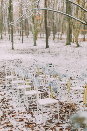 White vintage wedding chair in the autumn forest.の写真素材